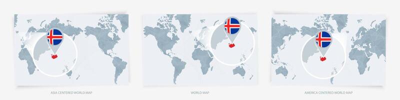 Three versions of the World Map with the enlarged map of Iceland with flag. vector
