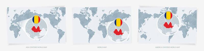 Three versions of the World Map with the enlarged map of Romania with flag. vector