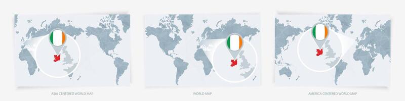 Three versions of the World Map with the enlarged map of Ireland with flag. vector