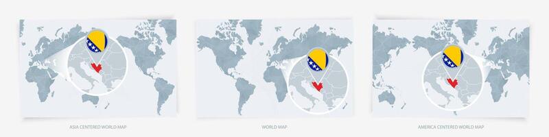 Three versions of the World Map with the enlarged map of Bosnia and Herzegovina with flag. vector