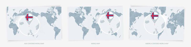 Three versions of the World Map with the enlarged map of Faroe Islands with flag. vector