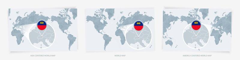 Three versions of the World Map with the enlarged map of Liechtenstein with flag. vector