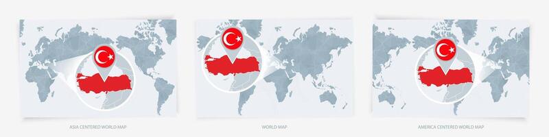 Three versions of the World Map with the enlarged map of Turkey with flag. vector