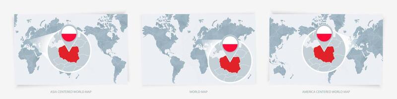 Three versions of the World Map with the enlarged map of Poland with flag. vector