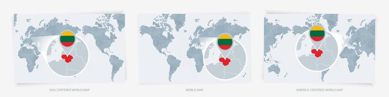 Three versions of the World Map with the enlarged map of Lithuania with flag. vector