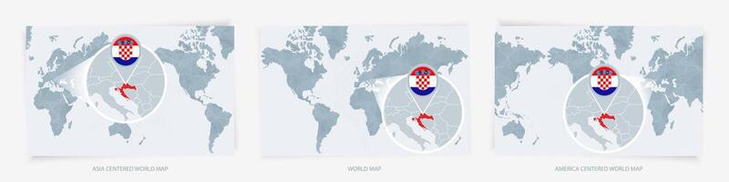 Three versions of the World Map with the enlarged map of Croatia with flag. vector
