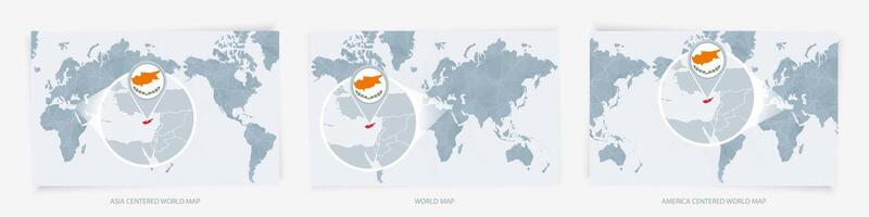 Three versions of the World Map with the enlarged map of Cyprus with flag. vector