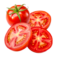 Fresh Ripe Red Tomatoes with Juicy Slices and Green Stems on White Background png