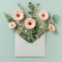 A charming composition of an open envelope with pink gerbera flowers and greenery on a neutral background, perfect for romantic and celebratory themes. photo