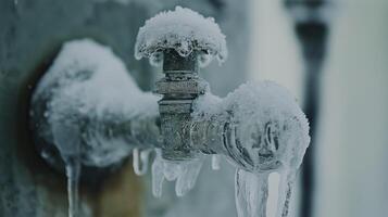 Frozen outdoor water faucet covered in layers of ice and frost. Concept of cold weather and wintertime challenges. High quality illustration photo