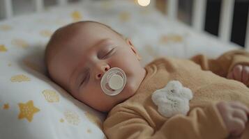 A serene scene of a cute baby with a pacifier sleeping in a cozy crib at home, symbolizing comfort and innocence. photo