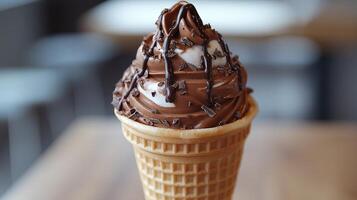 A creamy chocolate soft serve ice cream cone drizzled with rich chocolate sauce, perfect for dessert lovers photo