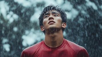 Portrait of a man in a red shirt looking upward in the rain. Concept of resilience and introspection during challenging moments. High quality illustration photo