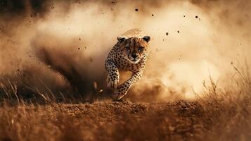 A cheetah running at full speed through a dusty savannah, kicking up clouds of dirt. Concept of speed and wild nature. High quality illustration photo