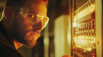 Focused electrician wearing protective glasses working on a high-tech circuit panel. Concept of precision and technical expertise. High quality illustration photo
