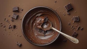 An empty dessert bowl with a spoon and chocolate residue, capturing the last delicious moments of a sweet treat, set on a white background. photo