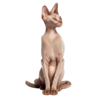 A Sphynx cat with hairless skin and large ears sits gracefully on a transparent background. Its alert expression and unique appearance highlight its elegance in a minimalist setting. png