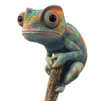 A colorful chameleon clings to a small branch png