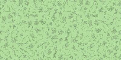 Easter floral repeating pattern. Drawing of hare, flowers, carrot, line art. Easter bunny. Festive spring seamless background. vector