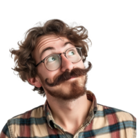 Hipster man with handlebar mustache looking up thoughtfully png