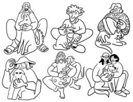 set of sitting with animals people in doodle style vector