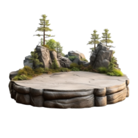 Mountaintop scenic platform with trees rocks and greenery, png