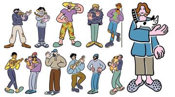 big set of standing people in doodle style in color vector