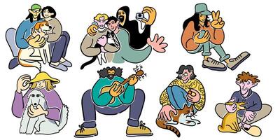 set of characters with cats and dogs in doodle style in color vector