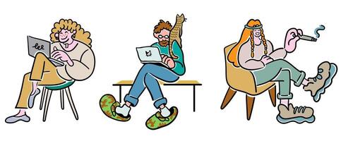 set of busy people in doodle style in color vector