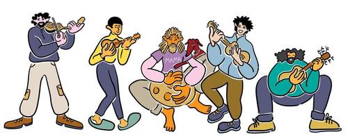 people make a music performance in doodle style in color vector