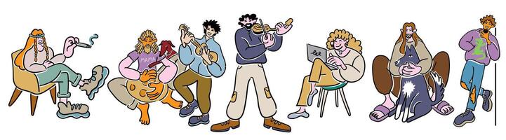 set of different characters in doodle style in color vector