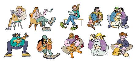 set of characters with pets in doodle style in color vector
