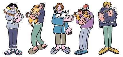 people standing with cats and dog in arms in doodle style in color vector