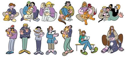 set of characters with animals in doodle style in color vector