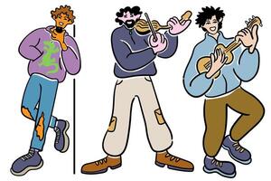 people play instruments in doodle style in color vector