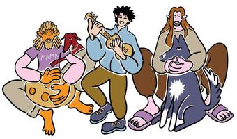 people playing on instruments and sit with dogs in doodle style in color vector