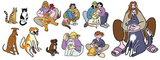 set of people with pets in doodle style in color vector