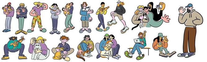 big set of different people in doodle style in color vector