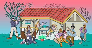 a company hang out in gazebo in doodle style in color vector