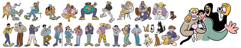 big set of people with animals in doodle style in color vector