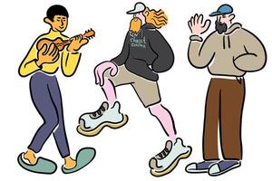 characters play music and hang out in doodle style in color vector