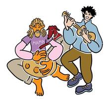 couple play music with dog in doodle style in color vector