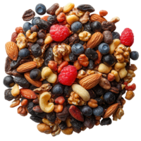 Colorful mix of nuts, seeds, and dried fruits arranged in a circular pattern on a white background isolated on transparent background png