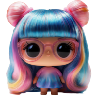Cute doll with colorful hair and stylish glasses displayed in vibrant attire against a white background isolated on transparent background png