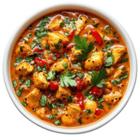 Flavorful chicken curry with vibrant herbs and spices in a white bowl on a simple background isolated on transparent background png