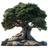 Majestic ancient tree with sprawling roots and lush foliage set against a white background isolated on transparent background png