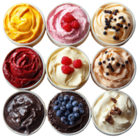 Colorful assortment of frozen desserts arranged in a grid pattern on a white background isolated on transparent background png