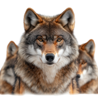 Multiple wolves showcase their striking features and captivating expressions in a dynamic arrangement isolated on transparent background png