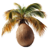 Unique coconut palm tree with a large round trunk showcasing vibrant green and brown fronds in an isolated setting isolated on transparent background png