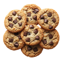 Freshly baked chocolate chip cookies arranged in a circular pattern on a light background isolated on transparent background png